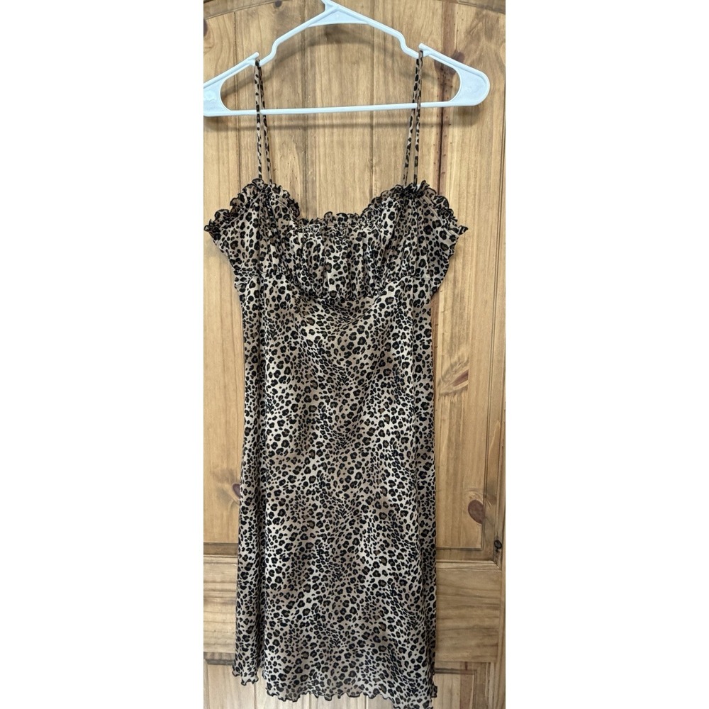 Vintage Y2K Rave Leopard Print Mesh Mini Dress XL Ruched Cami Slip 2000s